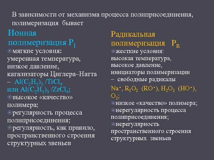 В зависимости от механизма процесса полиприсоединения, полимеризация бывает Ионная полимеризация PI мягкие условия: умеренная