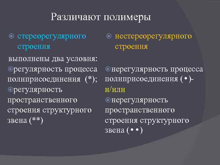 Различают полимеры стереорегулярного строения выполнены два условия: регулярность процесса полиприсоединения (*); регулярность пространственного строения