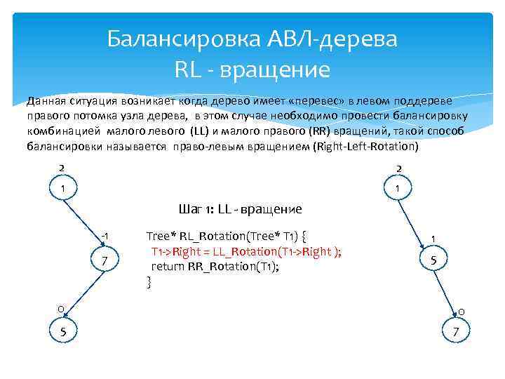 Балансировка АВЛ-дерева RL - вращение Данная ситуация возникает когда дерево имеет «перевес» в левом