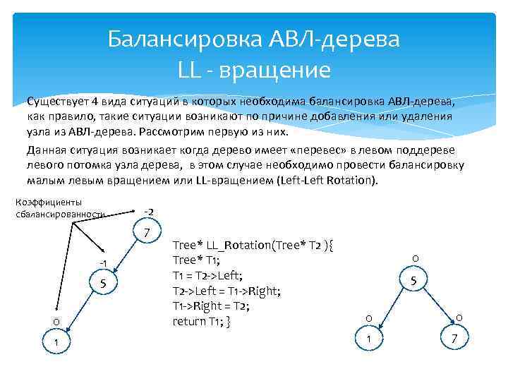 Балансировка АВЛ-дерева LL - вращение Существует 4 вида ситуаций в которых необходима балансировка АВЛ-дерева,