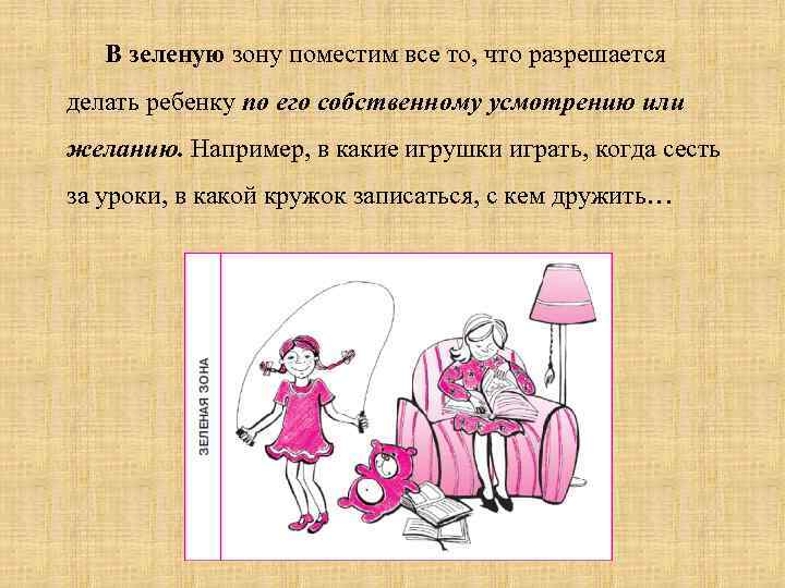 В зеленую зону поместим все то, что разрешается делать ребенку по его собственному усмотрению