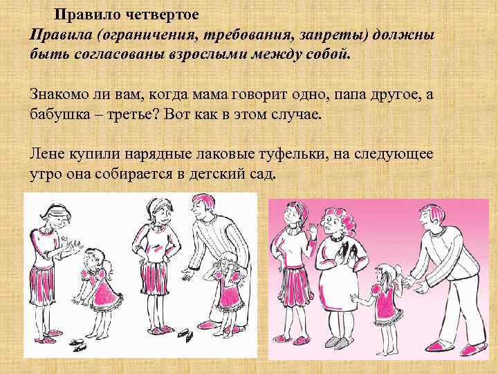 Правило четвертое Правила (ограничения, требования, запреты) должны быть согласованы взрослыми между собой. Знакомо ли