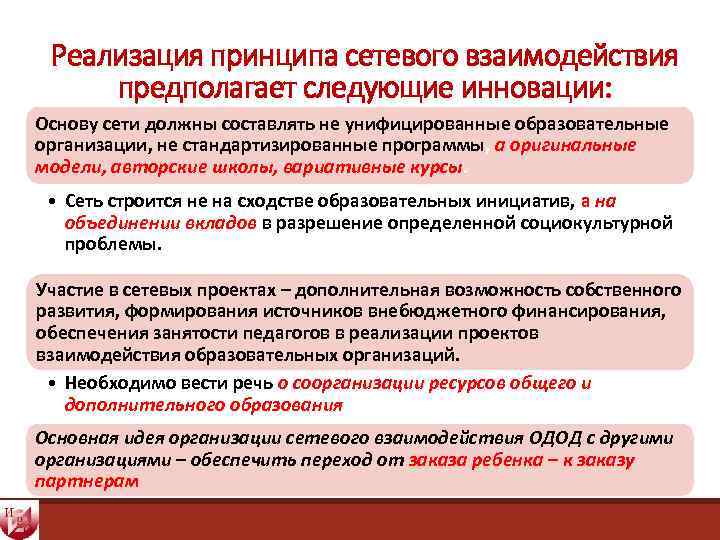 Реализация принципа сетевого взаимодействия предполагает следующие инновации: Основу сети должны составлять не унифицированные образовательные