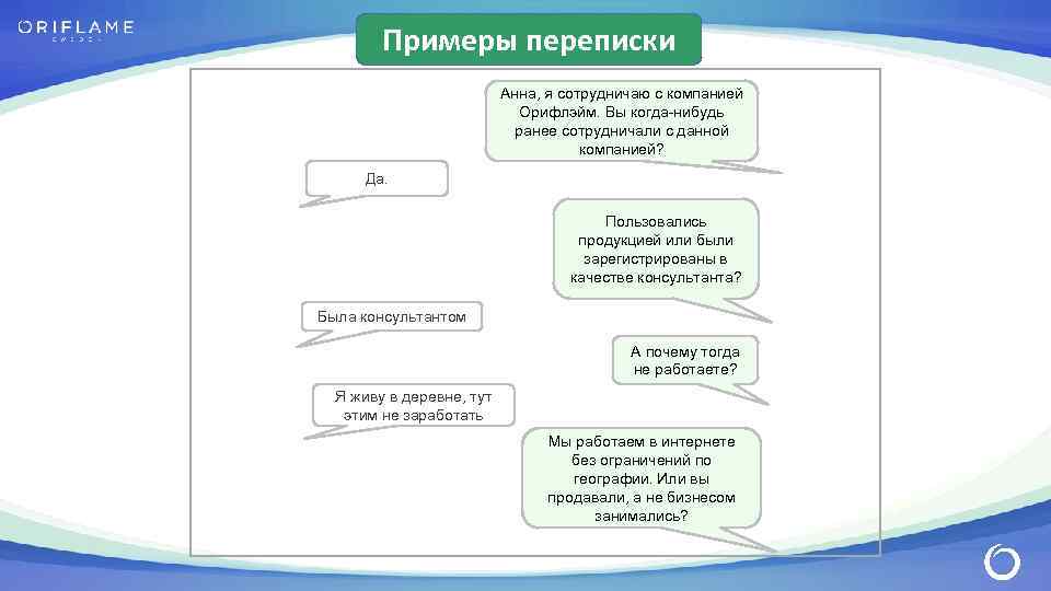 Примеры переписки Анна, я сотрудничаю с компанией Орифлэйм. Вы когда-нибудь ранее сотрудничали с данной