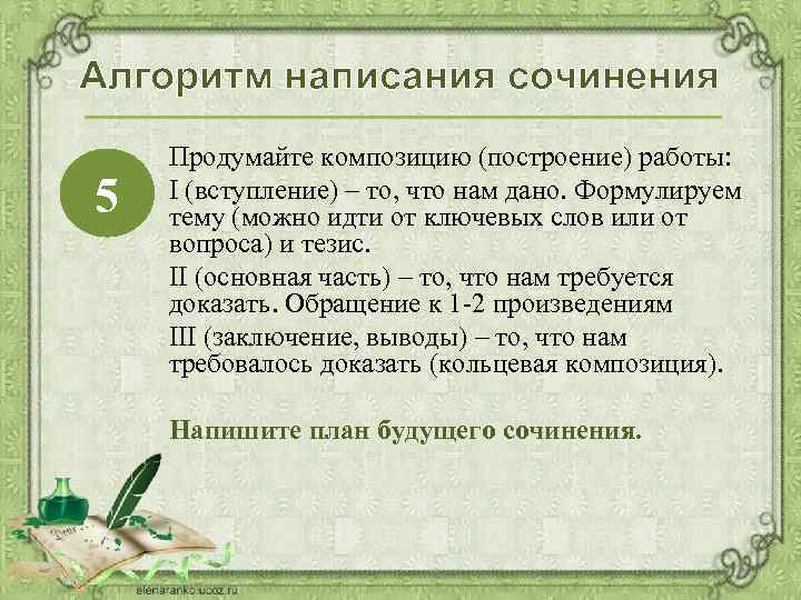 Алгоритм написания сочинения 5 Продумайте композицию (построение) работы: I (вступление) – то, что нам