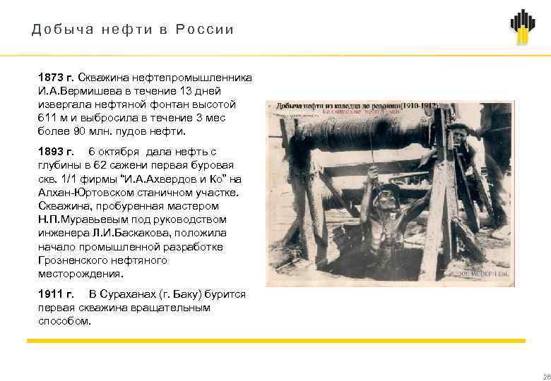 Добыча нефти в России 1873 г. Скважина нефтепромышленника И. А. Вермишева в течение 13