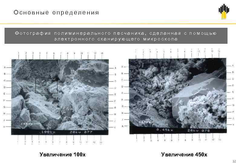 Основные определения Фотография полиминерального песчаника, сделанная с помощью электронного сканирующего микроскопа Увеличение 100 х