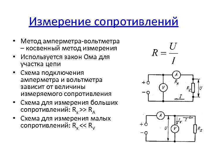 Измерение сопротивлений • Метод амперметра вольтметра – косвенный метод измерения • Используется закон Ома