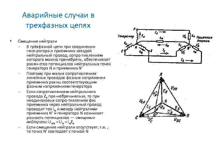 Цепь сдвига. Аварийные режимы в трехфазных цепях. Напряжение смещения нейтрали при соединении звездой. Напряжение смещения нейтрали в трехфазной цепи. Аварийные режимы работы в трёхфазных электрических цепях.