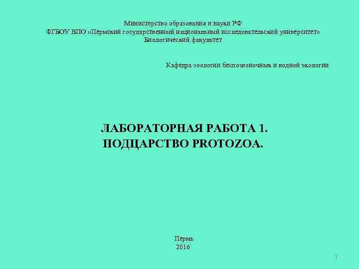 Министерство образования и науки РФ ФГБОУ ВПО «Пермский государственный национальный исследовательский университет» Биологический факультет