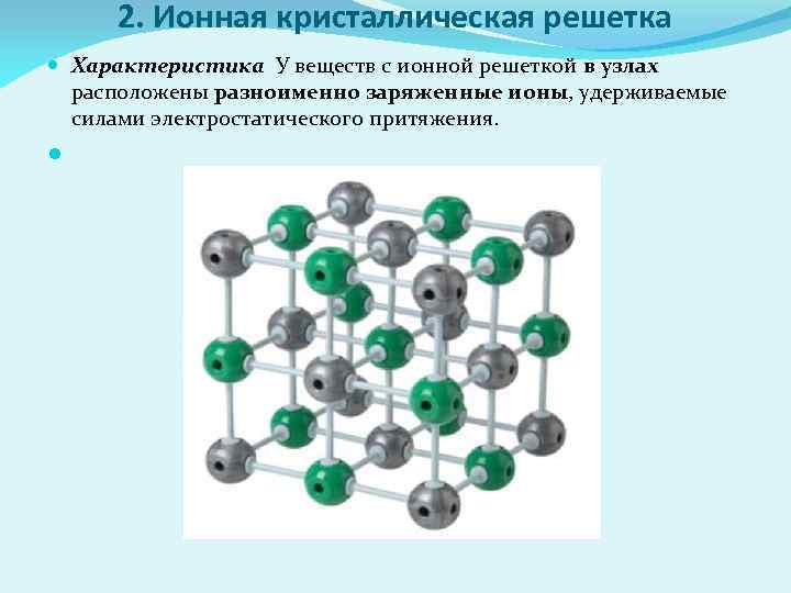 2. Ионная кристаллическая решетка Характеристика У веществ с ионной решеткой в узлах расположены разноименно