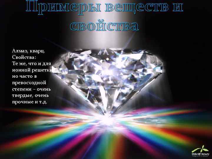 Примеры веществ и свойства Алмаз, кварц. Свойства: Те же, что и для ионной решетки,