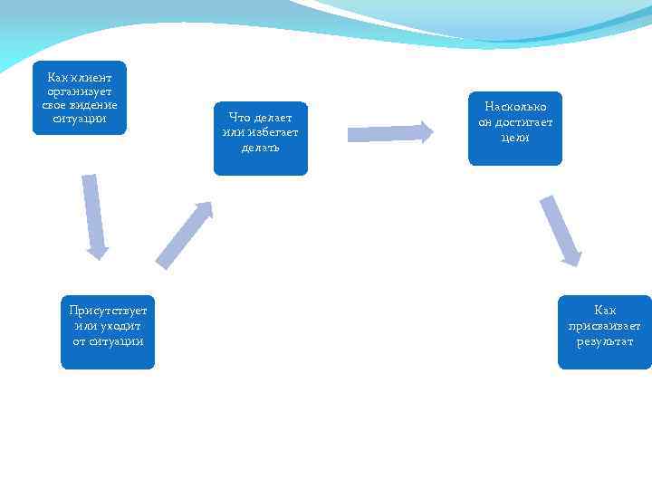 Как клиент организует свое видение ситуации Присутствует или уходит от ситуации Что делает или