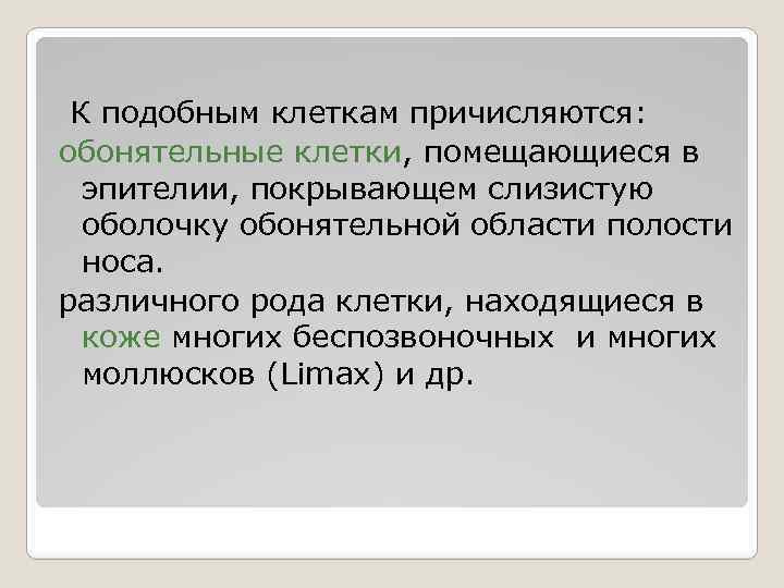  К подобным клеткам причисляются: обонятельные клетки, помещающиеся в эпителии, покрывающем слизистую оболочку обонятельной