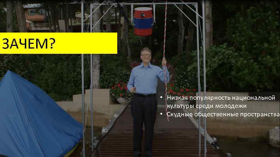 ЗАЧЕМ? • Низкая популярность национальной культуры среди молодежи • Скудные общественные пространства 