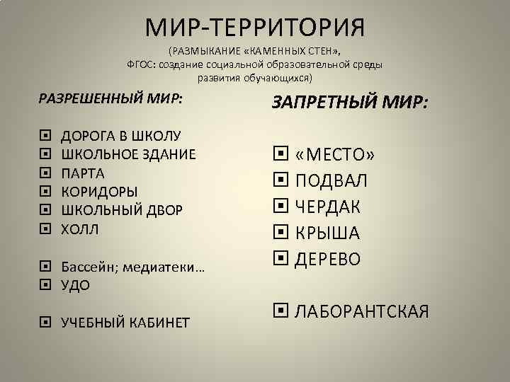 МИР-ТЕРРИТОРИЯ (РАЗМЫКАНИЕ «КАМЕННЫХ СТЕН» , ФГОС: создание социальной образовательной среды развития обучающихся) РАЗРЕШЕННЫЙ МИР: