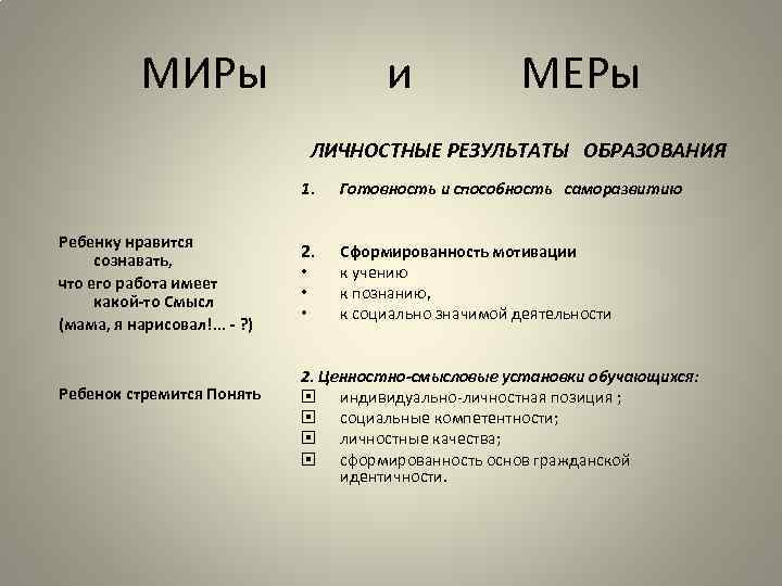 МИРы и МЕРы ЛИЧНОСТНЫЕ РЕЗУЛЬТАТЫ ОБРАЗОВАНИЯ 1. Ребенку нравится сознавать, что его работа имеет