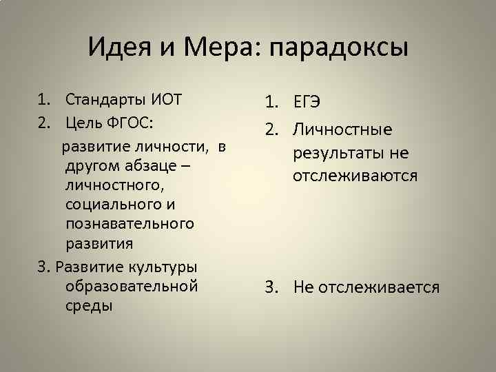 Идея и Мера: парадоксы 1. Стандарты ИОТ 2. Цель ФГОС: развитие личности, в другом