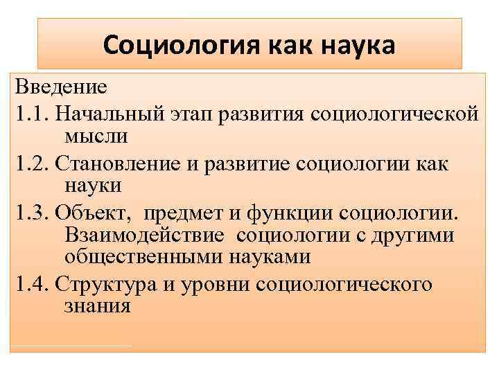 Социология как наука Введение 1. 1. Начальный этап развития социологической мысли 1. 2. Становление
