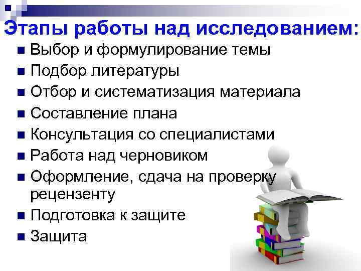 Этапы работы над исследованием: Выбор и формулирование темы n Подбор литературы n Отбор и