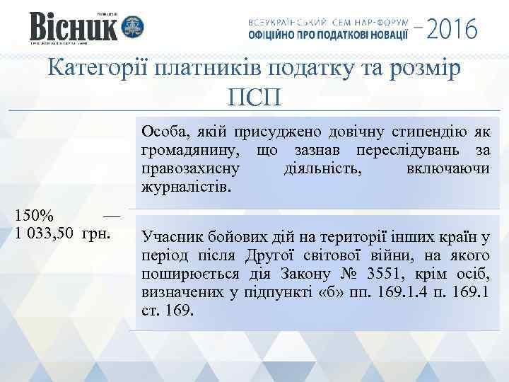 Категорії платників податку та розмір ПСП Особа, якій присуджено довічну стипендію як громадянину, що