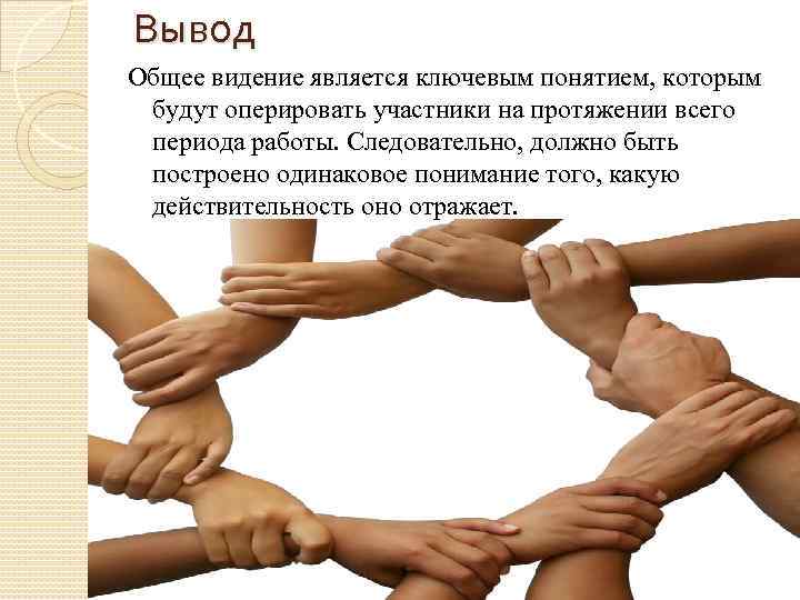 Вывод Общее видение является ключевым понятием, которым будут оперировать участники на протяжении всего периода