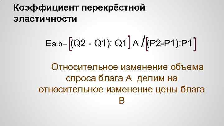 Коэффициент перекрёстной эластичности / Ea, b= (Q 2 - Q 1): Q 1 A