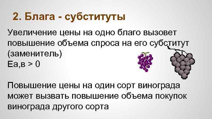 2. Блага - субституты Увеличение цены на одно благо вызовет повышение объема спроса на