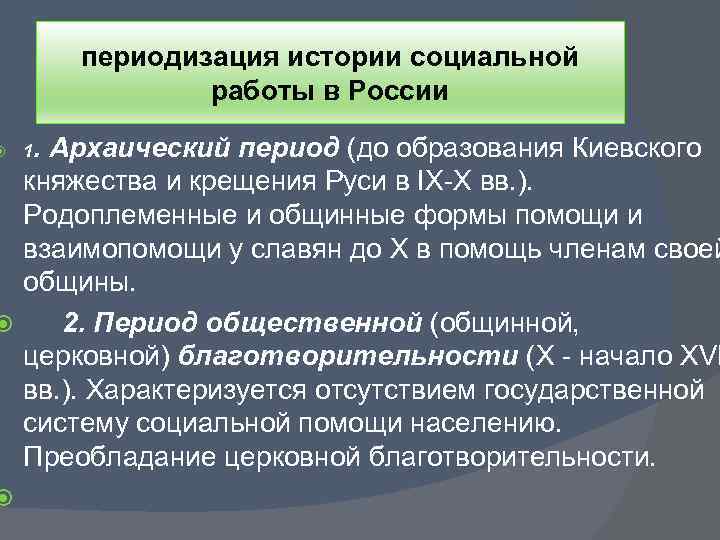 периодизация истории социальной работы в России Архаический период (до образования Киевского княжества и крещения