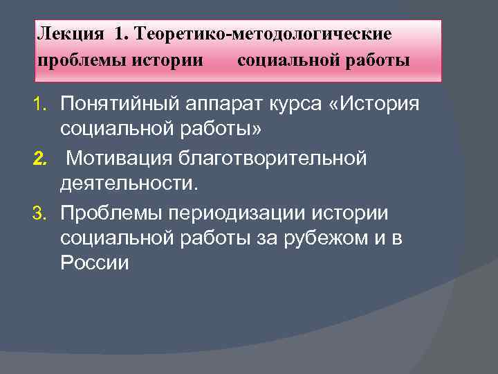 Лекция 1. Теоретико-методологические проблемы истории социальной работы 1. Понятийный аппарат курса «История социальной работы»