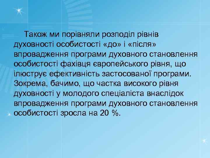 Також ми порівняли розподіл рівнів духовності особистості «до» і «після» впровадження програми духовного становлення