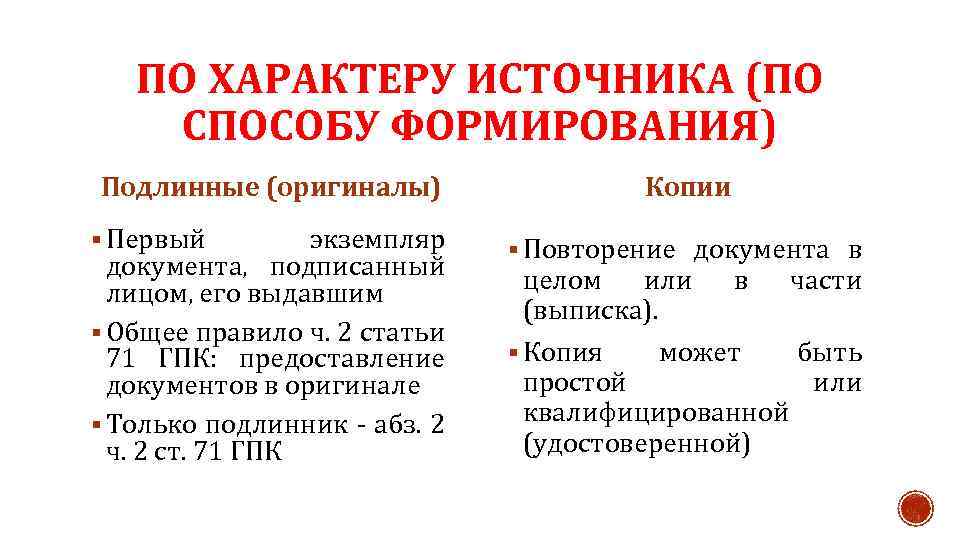 ПО ХАРАКТЕРУ ИСТОЧНИКА (ПО СПОСОБУ ФОРМИРОВАНИЯ) Подлинные (оригиналы) § Первый экземпляр документа, подписанный лицом,