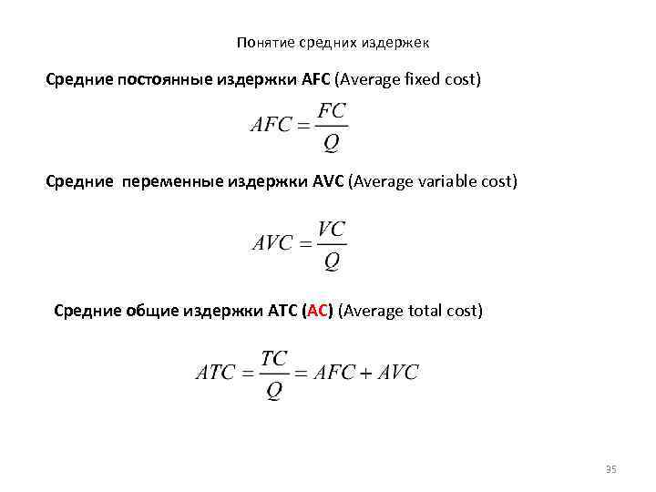 Понятие средних издержек Средние постоянные издержки AFC (Average fixed cost) Средние переменные издержки AVC