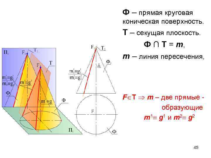 Ф – прямая круговая коническая поверхность. Т – секущая плоскость. Ф ∩ Т =