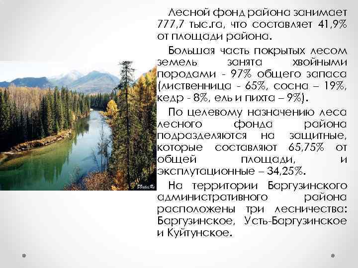 Лесной фонд района занимает 777, 7 тыс. га, что составляет 41, 9% от площади