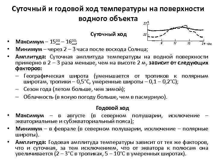 Суточный и годовой ход температуры на поверхности водного объекта Суточный ход • Максимум –