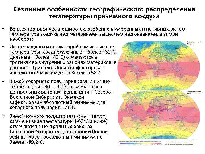 Сезонные особенности географического распределения температуры приземного воздуха • • Во всех географических широтах, особенно