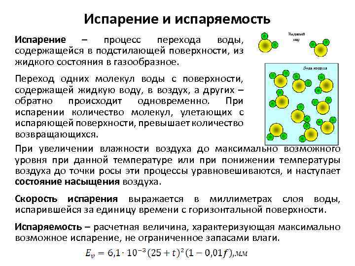 Испарение и испаряемость Испарение – процесс перехода воды, содержащейся в подстилающей поверхности, из жидкого