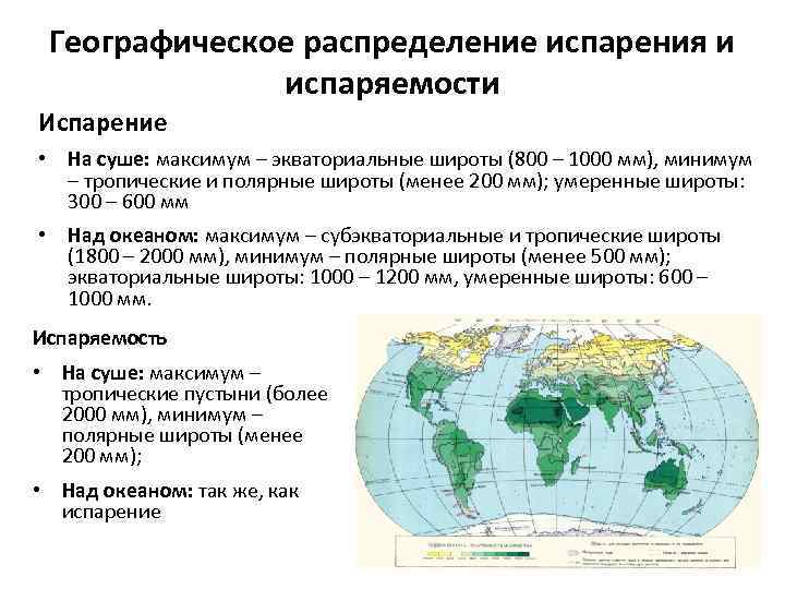 Географическое распределение испарения и испаряемости Испарение • На суше: максимум – экваториальные широты (800