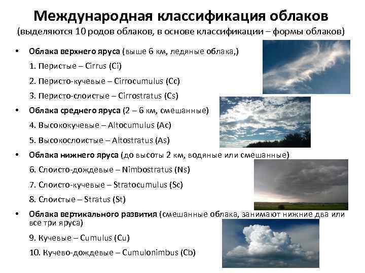 Международная классификация облаков (выделяются 10 родов облаков, в основе классификации – формы облаков) •