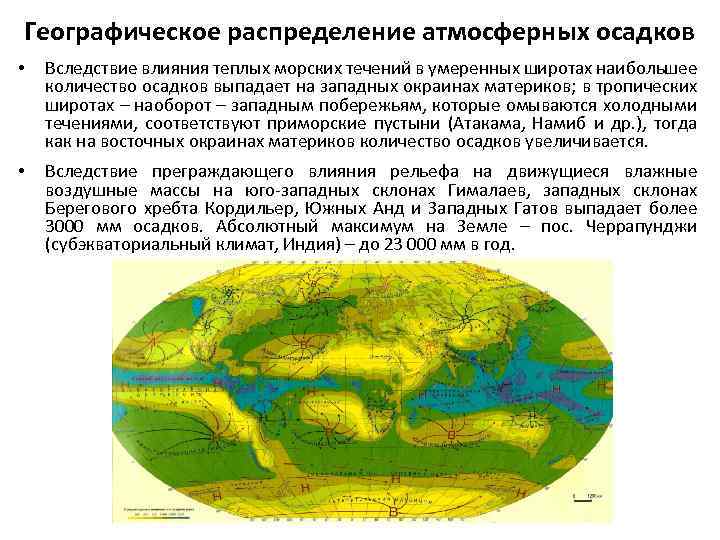 Географическое распределение атмосферных осадков • Вследствие влияния теплых морских течений в умеренных широтах наибольшее