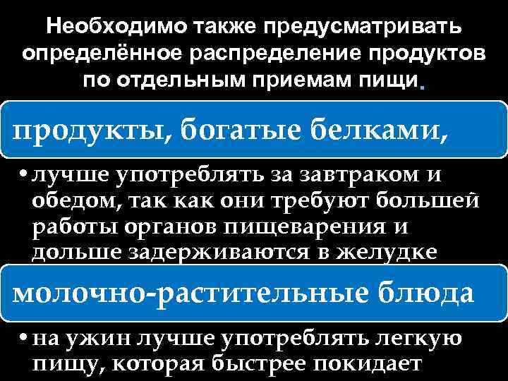 Необходимо также предусматривать определённое распределение продуктов по отдельным приемам пищи продукты, богатые белками, •