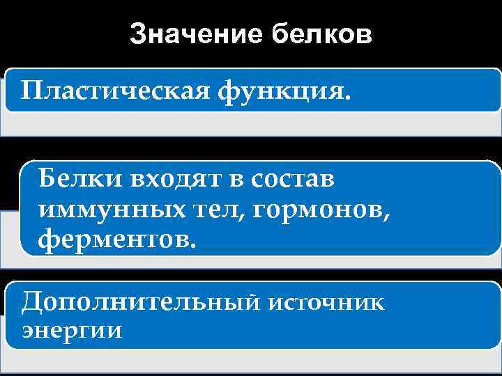Значение белков Пластическая функция. Белки входят в состав иммунных тел, гормонов, ферментов. Дополнительный источник