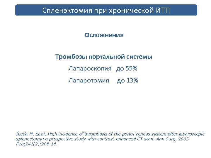 Спленэктомия при хронической ИТП Осложнения Тромбозы портальной системы Лапароскопия до 55% Лапаротомия до 13%