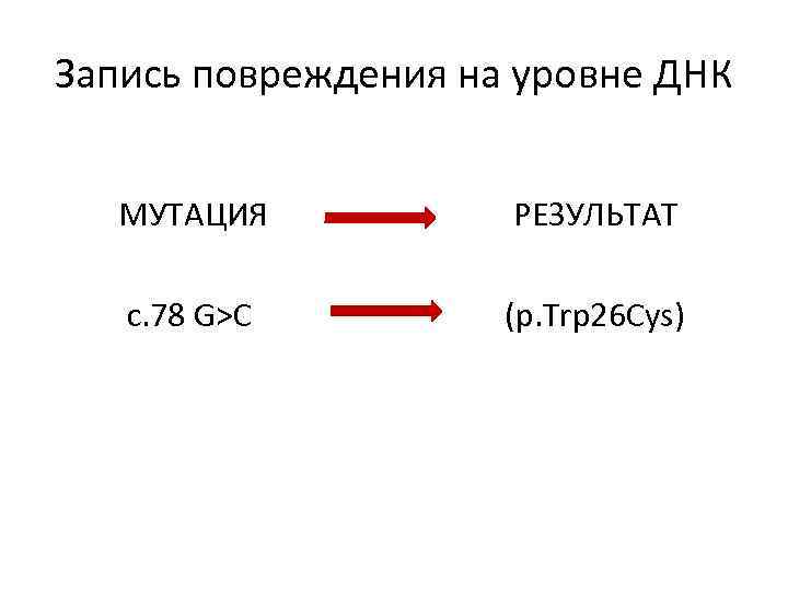 Запись повреждения на уровне ДНК МУТАЦИЯ РЕЗУЛЬТАТ с. 78 G>C (p. Trp 26 Cys)