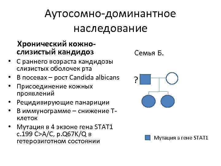 Аутосомно-доминантное наследование Хронический кожно- слизистый кандидоз Семья Б. • С раннего возраста кандидозы слизистых