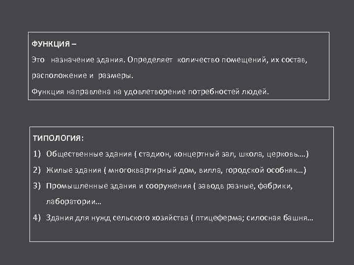 ФУНКЦИЯ – Это назначение здания. Определяет количество помещений, их состав, расположение и размеры. Функция