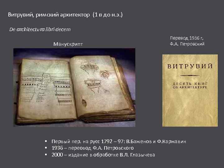 Витрувий, римский архитектор (1 в до н. э. ) De architectura libri decem Манускрипт