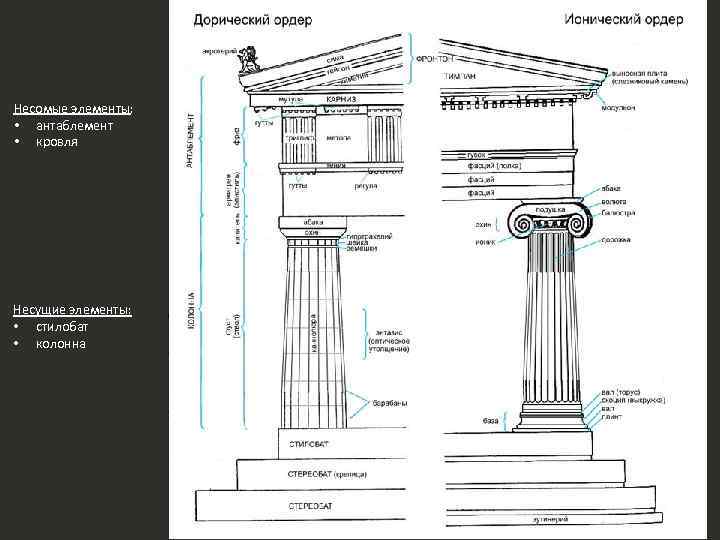 Несомые элементы: • антаблемент • кровля Несущие элементы: • стилобат • колонна 