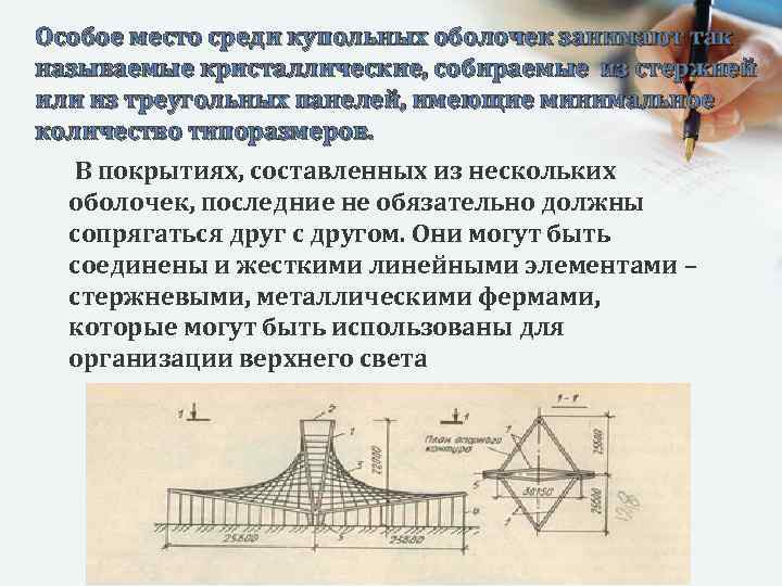 Особое место среди купольных оболочек занимают так называемые кристаллические, собираемые из стержней или из